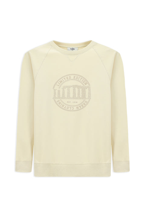 Ekru Bisiklet Yaka Regular Fit Baskılı Pamuk Sweatshirt