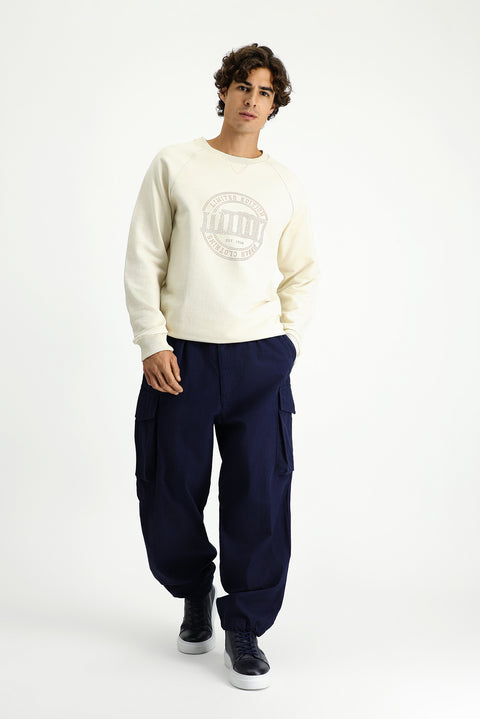 Ekru Bisiklet Yaka Regular Fit Baskılı Pamuk Sweatshirt