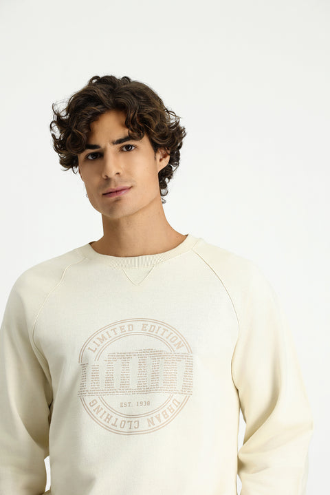 Ekru Bisiklet Yaka Regular Fit Baskılı Pamuk Sweatshirt