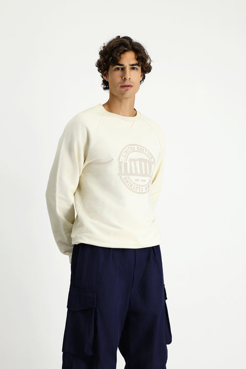 Ekru Bisiklet Yaka Regular Fit Baskılı Pamuk Sweatshirt