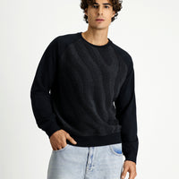 Black Crew Neck Regular Fit Patterned Cotton Sweatshirt