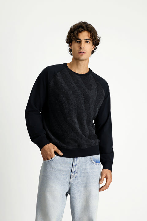 Black Crew Neck Regular Fit Patterned Cotton Sweatshirt