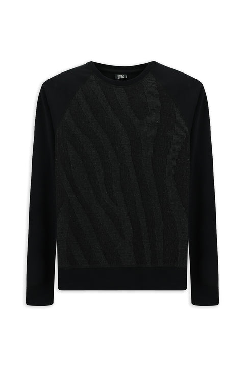 Black Crew Neck Regular Fit Patterned Cotton Sweatshirt
