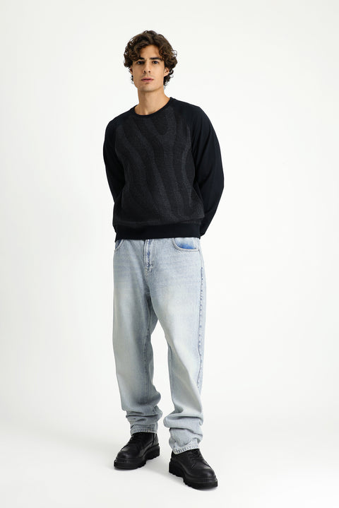 Black Crew Neck Regular Fit Patterned Cotton Sweatshirt