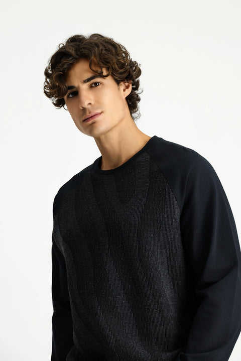 Black Crew Neck Regular Fit Patterned Cotton Sweatshirt