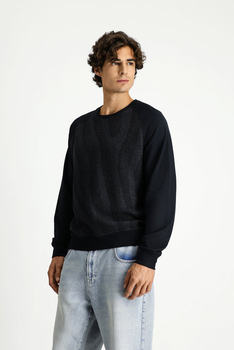 Black Crew Neck Regular Fit Patterned Cotton Sweatshirt