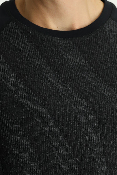 Black Crew Neck Regular Fit Patterned Cotton Sweatshirt