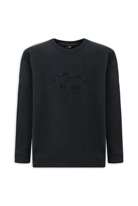 Orta Antrasit Bisiklet Yaka Oversize Ekstra Rahat Kesim Nakış Desenli Pamuk Sweatshirt
