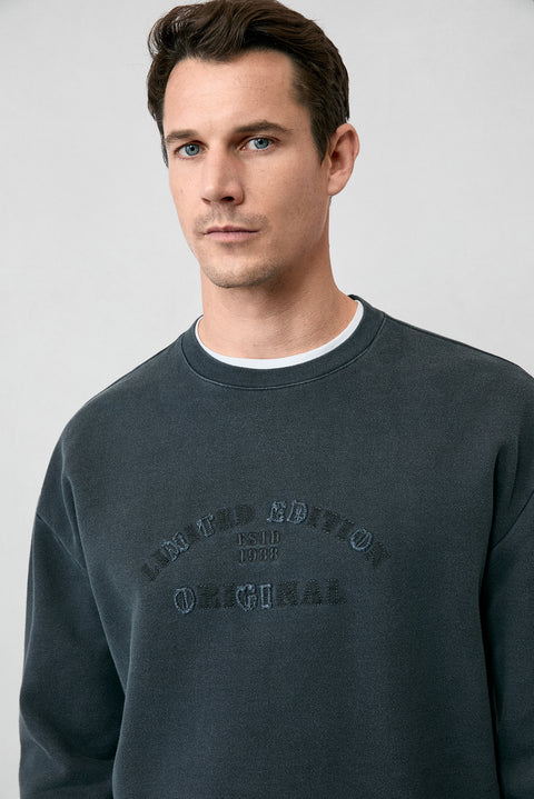 Orta Antrasit Bisiklet Yaka Oversize Ekstra Rahat Kesim Nakış Desenli Pamuk Sweatshirt