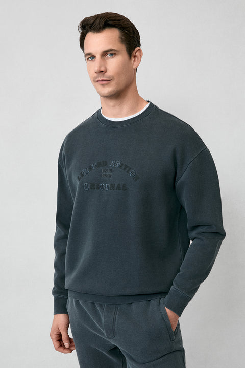 Orta Antrasit Bisiklet Yaka Oversize Ekstra Rahat Kesim Nakış Desenli Pamuk Sweatshirt