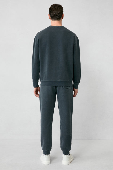 Orta Antrasit Bisiklet Yaka Oversize Ekstra Rahat Kesim Nakış Desenli Pamuk Sweatshirt