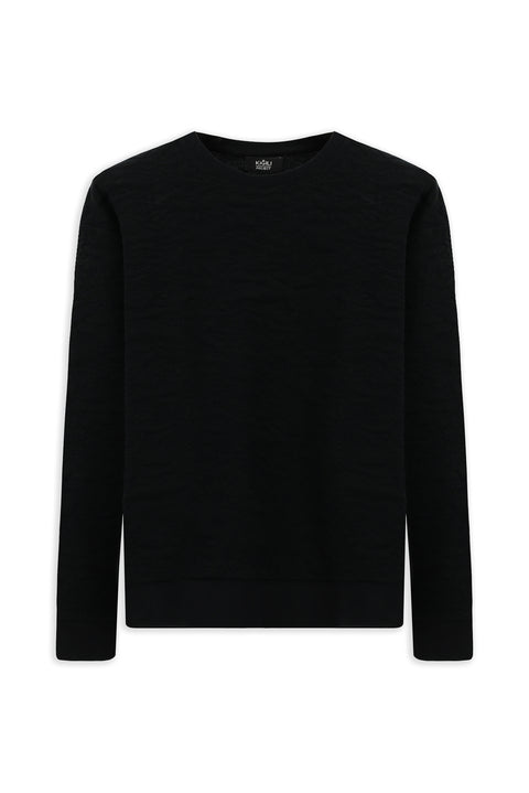 Siyah Bisiklet Yaka Loose Fit Desenli Pamuklu Sweatshirt
