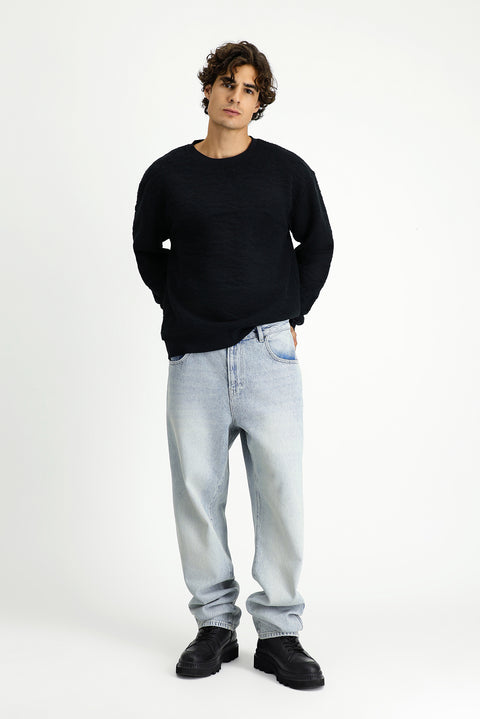 Siyah Bisiklet Yaka Loose Fit Desenli Pamuklu Sweatshirt