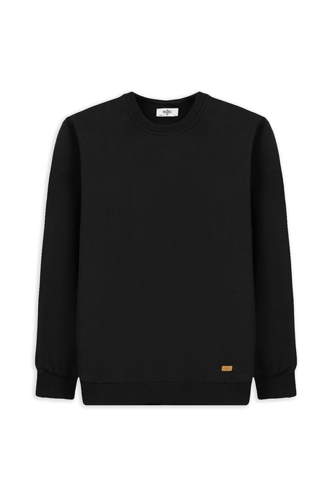 Black Crew Neck Regular Fit Cotton Basic Sweatshirt