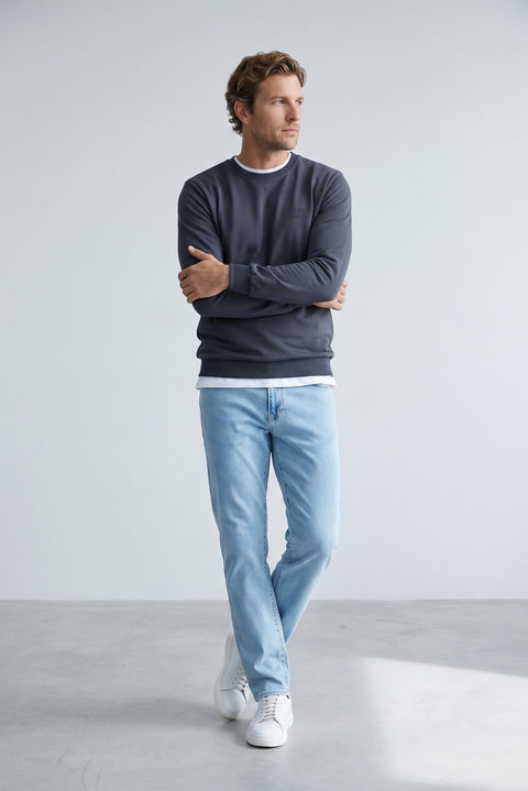 Koyu Füme Bisiklet Yaka Regular Fit Baskılı Pamuklu Sweatshirt