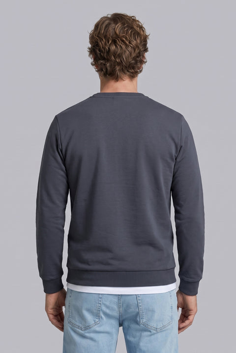 Koyu Füme Bisiklet Yaka Regular Fit Baskılı Pamuklu Sweatshirt