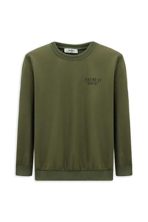 Orta Haki Bisiklet Yaka Regular Fit Baskılı Pamuklu Sweatshirt