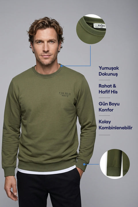 Medium Khaki Crew Neck Regular Fit Printed Cotton Sweatshirt