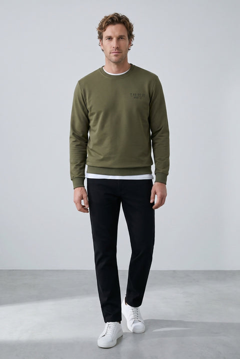 Orta Haki Bisiklet Yaka Regular Fit Baskılı Pamuklu Sweatshirt
