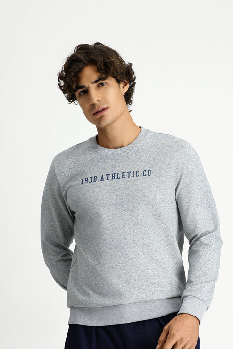 Açık Mavi Melanj Bisiklet Yaka Regular Fit Pamuklu Baskılı Sweatshırt