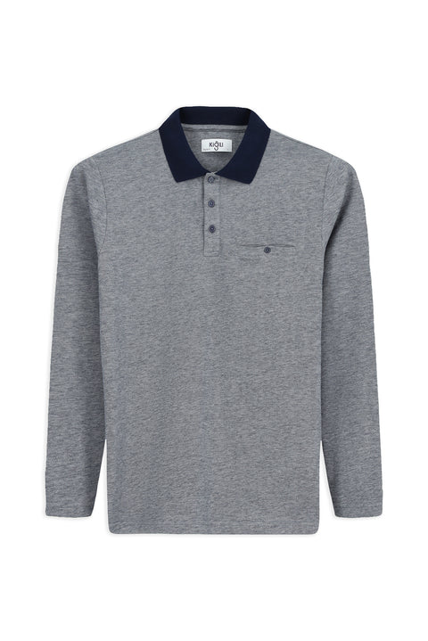 Light Navy Blue Polo Collar Regular Fit Patterned Cotton Sweatshirt with Pockets