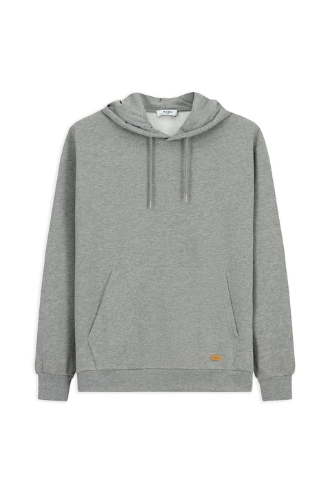 Medium Grey Melange Hooded Regular Fit Patterned Pocket Cotton Basic Sweatshirt