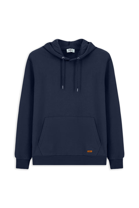 Dark Navy Hooded Regular Fit Patterned Pocket Cotton Basic Sweatshirt