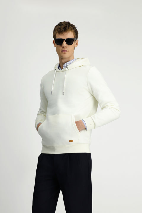 Off-white Hooded Regular Fit Patterned Pocket Cotton Basic Sweatshirt