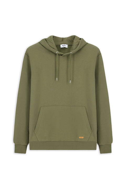 Medium Khaki Hooded Regular Fit Patterned Pocket Cotton Basic Sweatshirt
