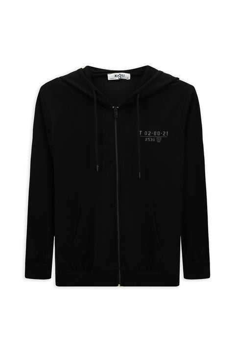 Siyah Kapüşonlu Regular Fit Fermuarlı Baskılı Pamuklu Sweatshirt