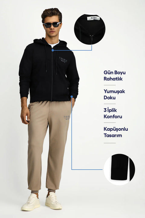 Black Hooded Regular Fit Zip-Up Printed Cotton Sweatshirt