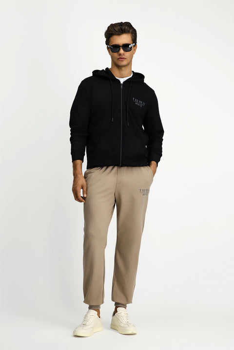 Siyah Kapüşonlu Regular Fit Fermuarlı Baskılı Pamuklu Sweatshirt