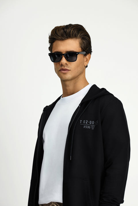 Siyah Kapüşonlu Regular Fit Fermuarlı Baskılı Pamuklu Sweatshirt