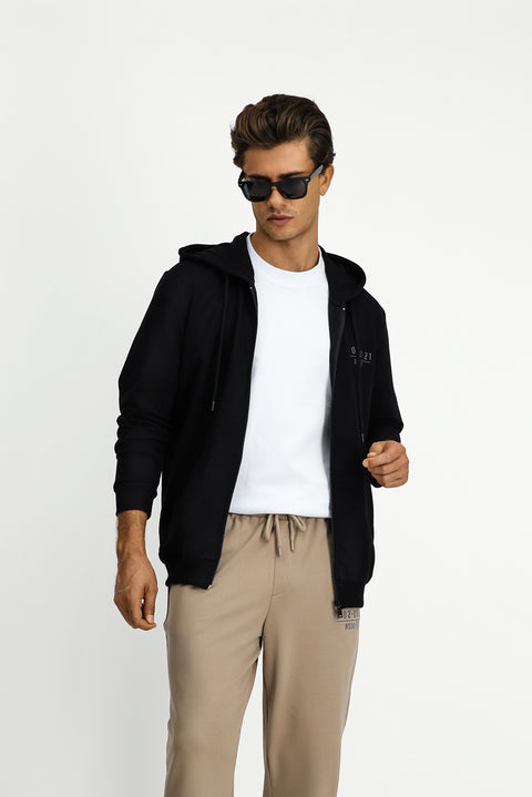 Siyah Kapüşonlu Regular Fit Fermuarlı Baskılı Pamuklu Sweatshirt