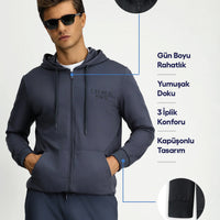 Koyu Füme Kapüşonlu Regular Fit Fermuarlı Baskılı Pamuklu Sweatshirt