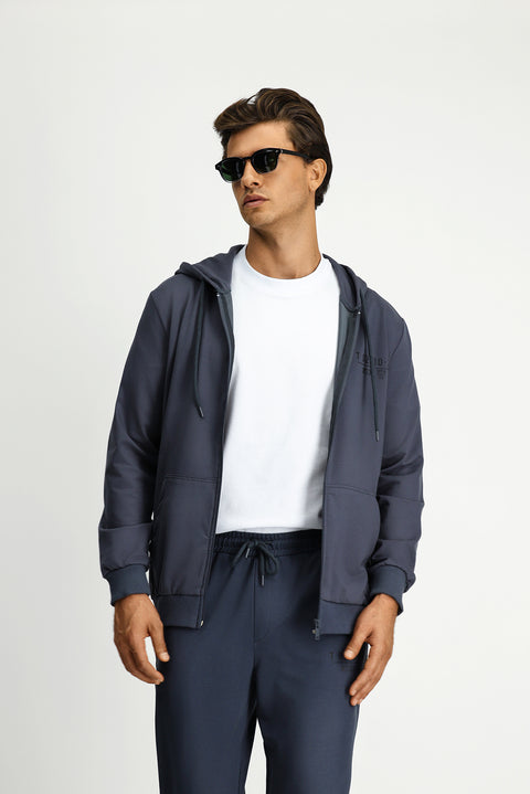 Koyu Füme Kapüşonlu Regular Fit Fermuarlı Baskılı Pamuklu Sweatshirt