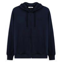 İndigo Kapüşonlu Regular Fit Fermuarlı Baskılı Pamuklu Sweatshirt