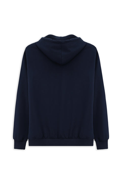 İndigo Kapüşonlu Regular Fit Fermuarlı Baskılı Pamuklu Sweatshirt