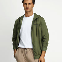 Orta Haki Kapüşonlu Regular Fit Fermuarlı Baskılı Pamuklu Sweatshirt