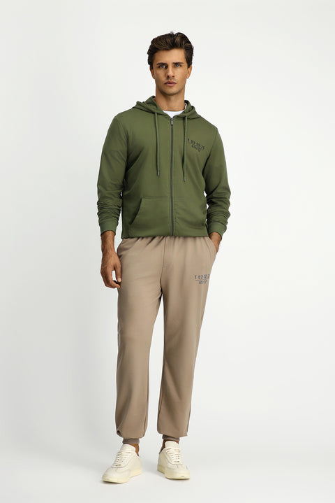 Orta Haki Kapüşonlu Regular Fit Fermuarlı Baskılı Pamuklu Sweatshirt