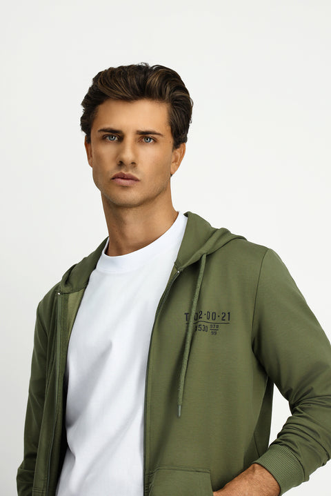 Orta Haki Kapüşonlu Regular Fit Fermuarlı Baskılı Pamuklu Sweatshirt