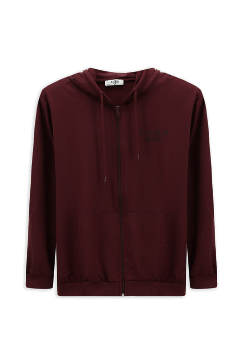 Koyu Bordo Kapüşonlu Regular Fit Fermuarlı Baskılı Pamuklu Sweatshirt