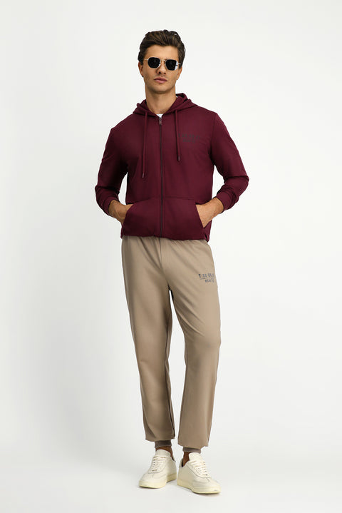 Koyu Bordo Kapüşonlu Regular Fit Fermuarlı Baskılı Pamuklu Sweatshirt