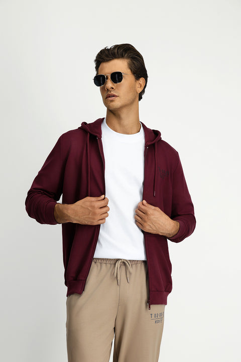 Koyu Bordo Kapüşonlu Regular Fit Fermuarlı Baskılı Pamuklu Sweatshirt