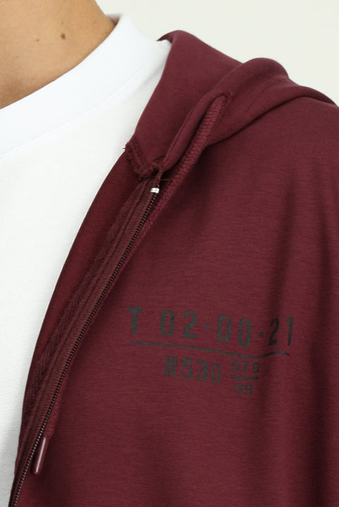 Koyu Bordo Kapüşonlu Regular Fit Fermuarlı Baskılı Pamuklu Sweatshirt