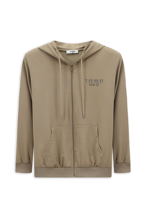 Orta Vizon Kapüşonlu Regular Fit Fermuarlı Baskılı Pamuklu Sweatshirt
