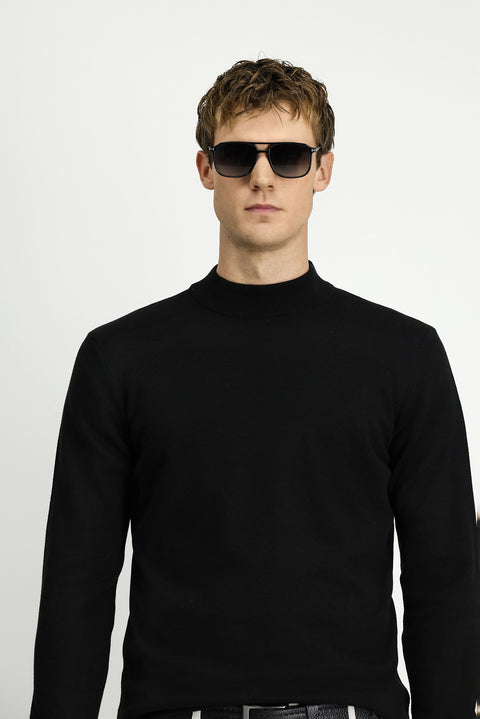 Black Half Turtleneck Regular Fit Cotton Knitted Sweater