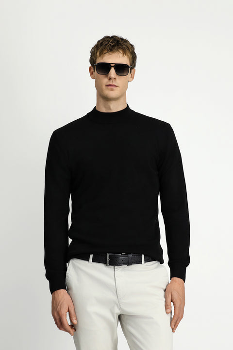 Black Half Turtleneck Regular Fit Cotton Knitted Sweater