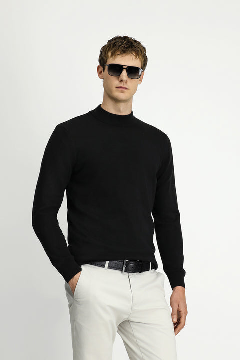 Black Half Turtleneck Regular Fit Cotton Knitted Sweater