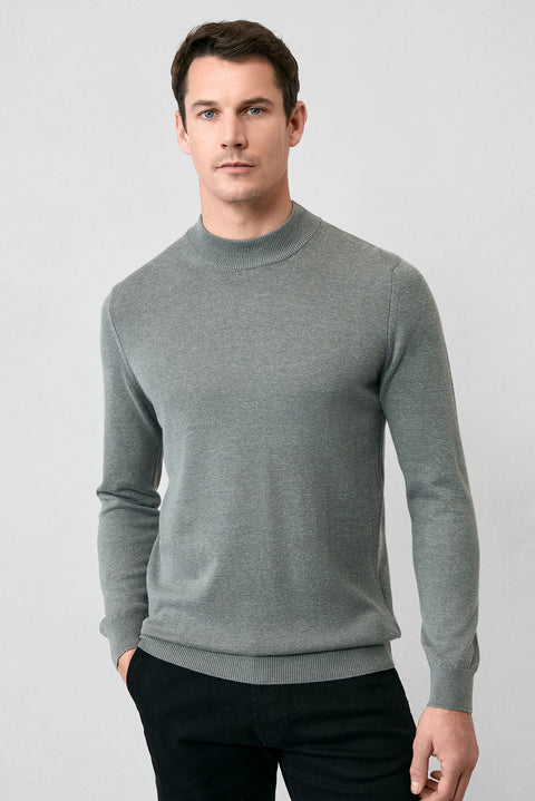 Medium Grey Half Turtleneck Regular Fit Cotton Knitted Sweater